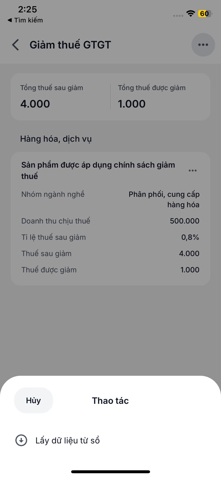 Thao tác Lấy dữ liệu từ sổ trên eTax Mobile