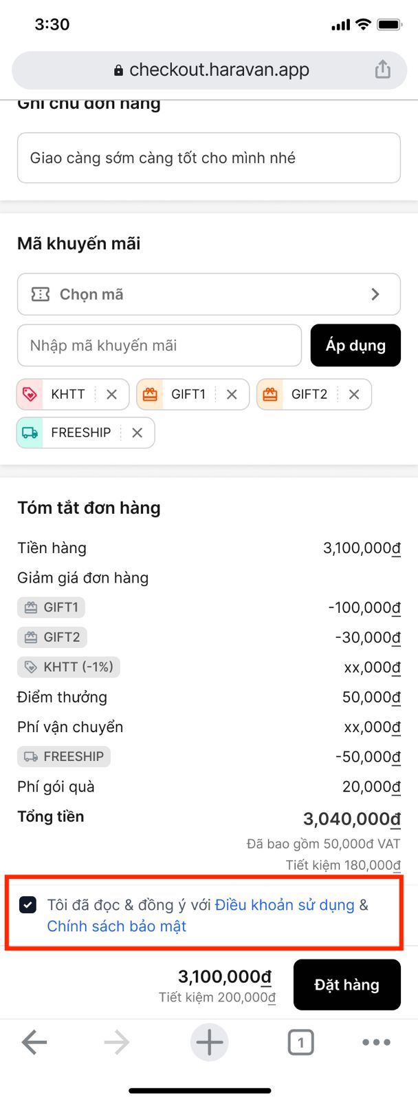 Cấu hình xác nhận chính sách tại Checkout