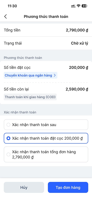 Thông tin COD của đơn đặt cọc trên mobile