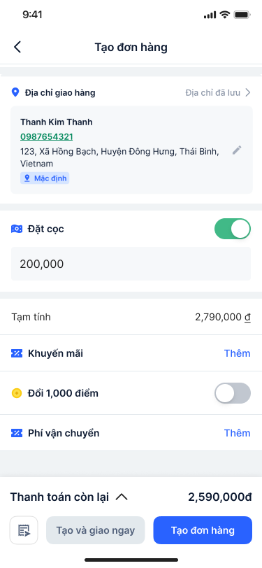 Tạo giao hàng cho đơn đặt cọc trên mobile