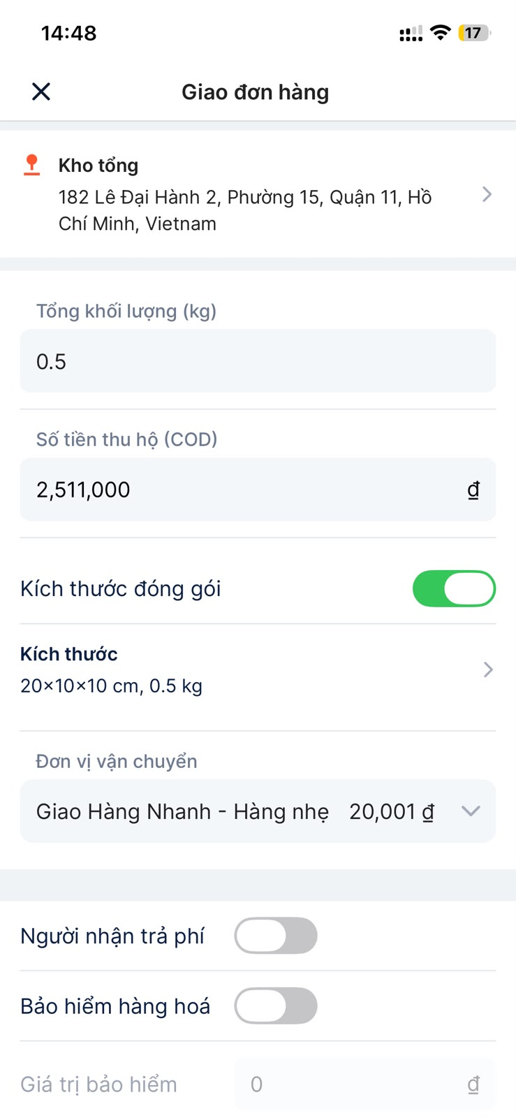 Chọn kích thước đóng gói và nhà vận chuyển