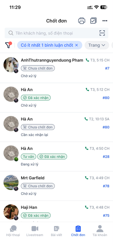 Danh sách khách hàng có ít nhất một bình luận chốt
