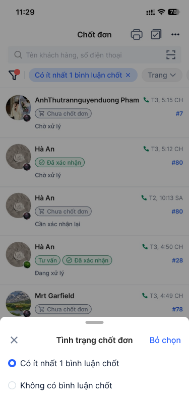 Các lựa chọn trong bộ lọc Tình trạng chốt đơn