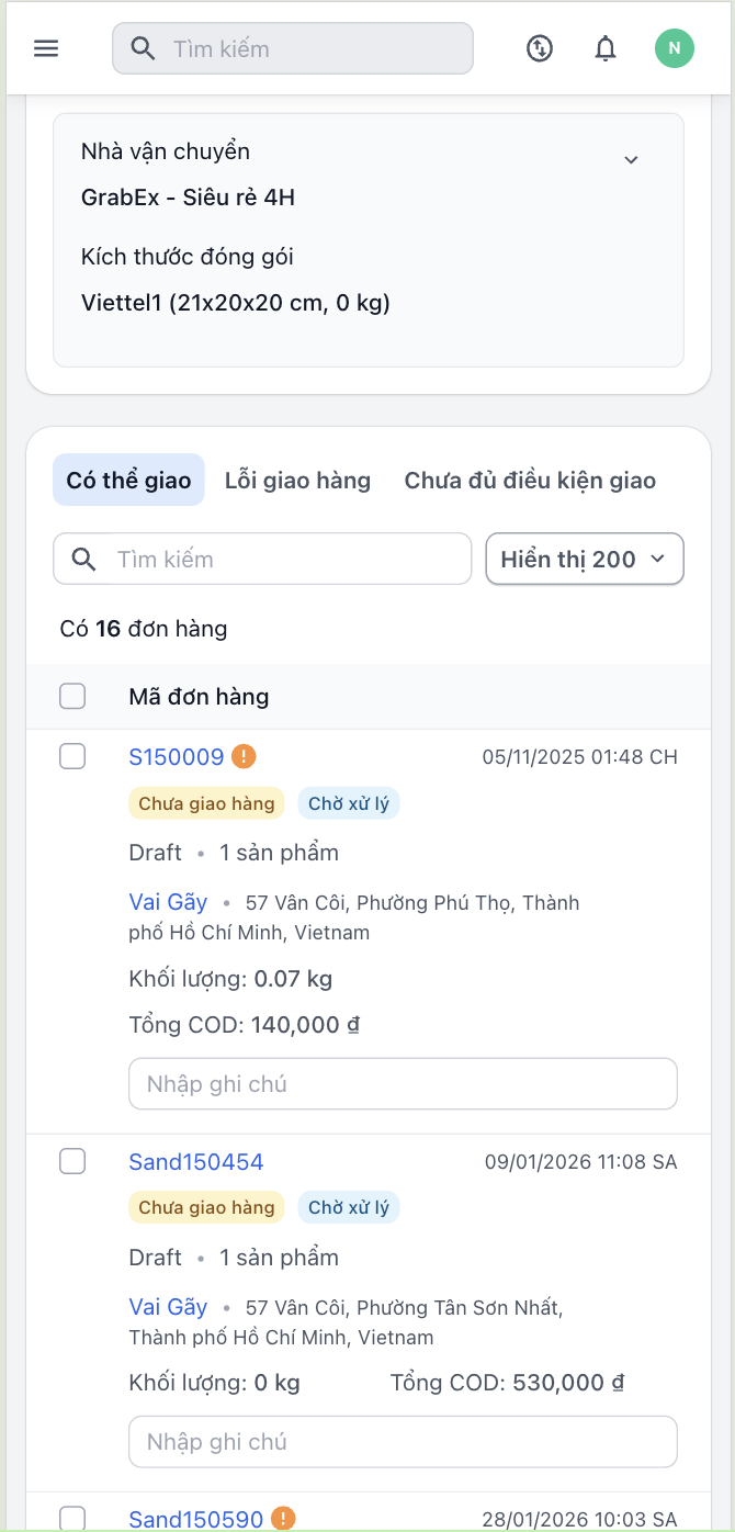 Danh sách đơn trên giao diện Giao hàng hàng loạt dành cho mobile