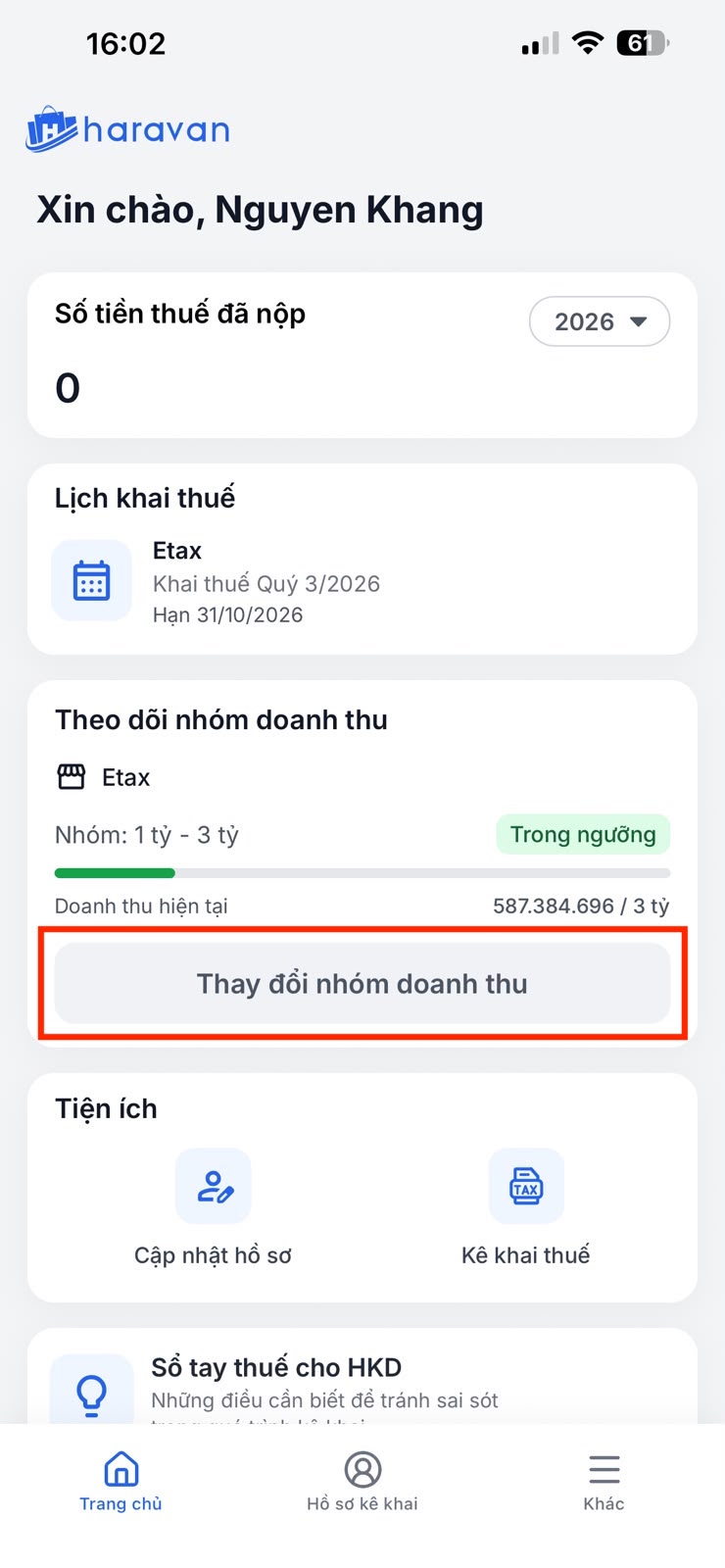 Lối tắt Thay đổi nhóm doanh thu trên eTax Mobile