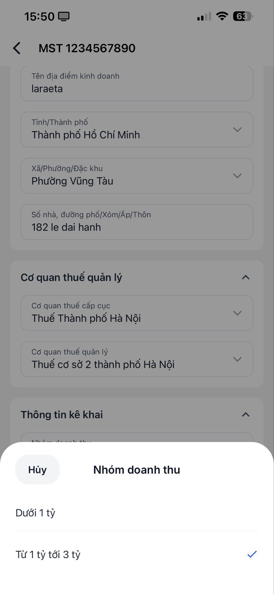 Danh sách nhóm doanh thu trên eTax Mobile