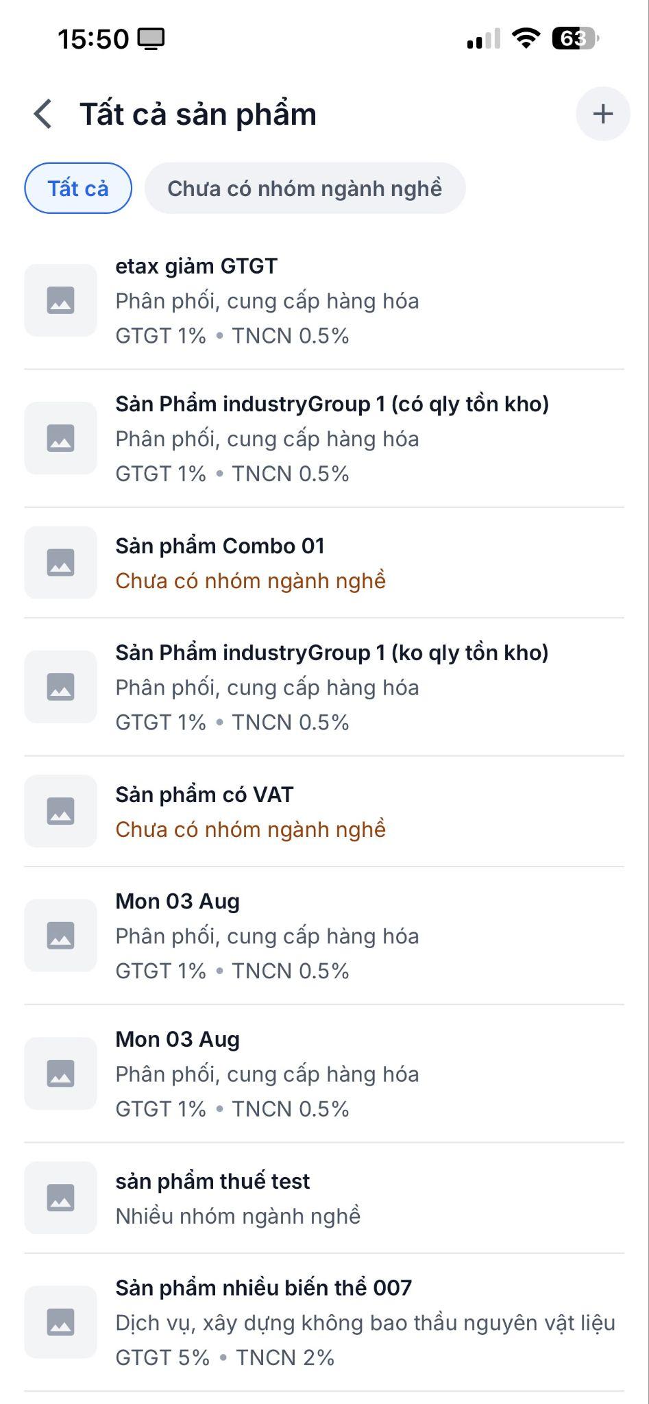Danh sách sản phẩm và nhóm ngành nghề trên eTax Mobile