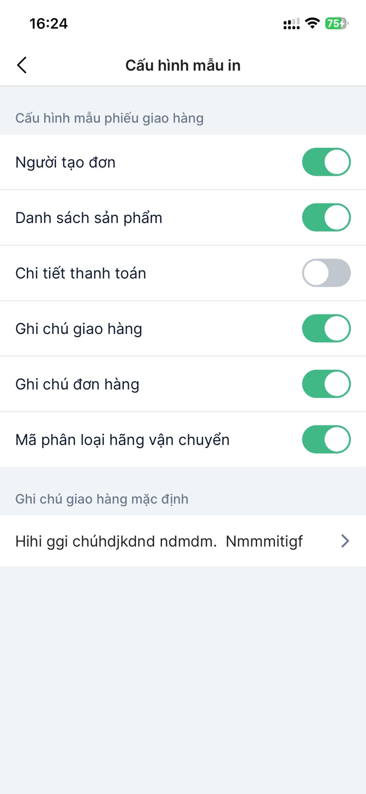 Tùy chọn Chi tiết thanh toán trong Cấu hình mẫu in trên mobile
