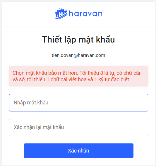 Màn hình yêu cầu thiết lập mật khẩu đáp ứng điều kiện bảo mật
