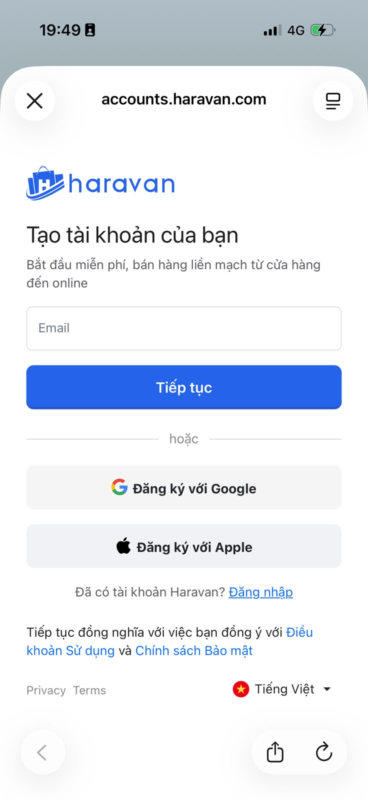 Màn hình tạo tài khoản Haravan