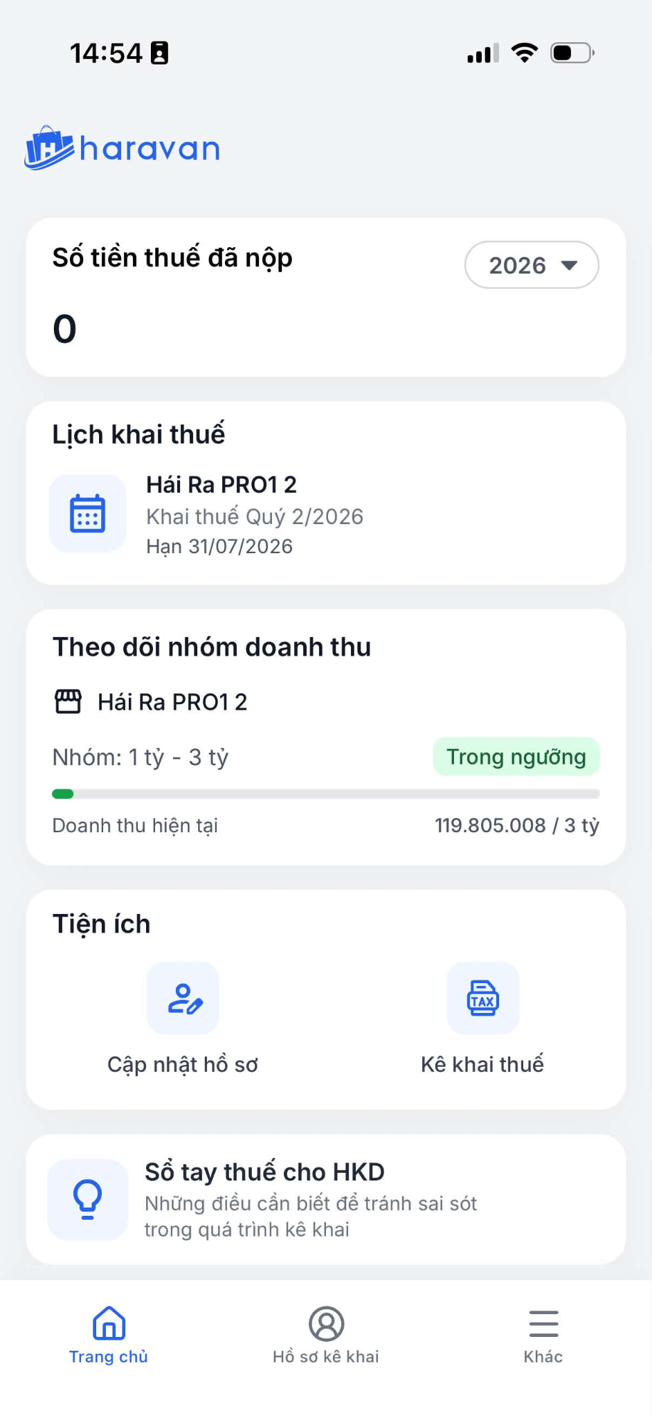 Màn hình trang chủ Haravan eTax Mobile