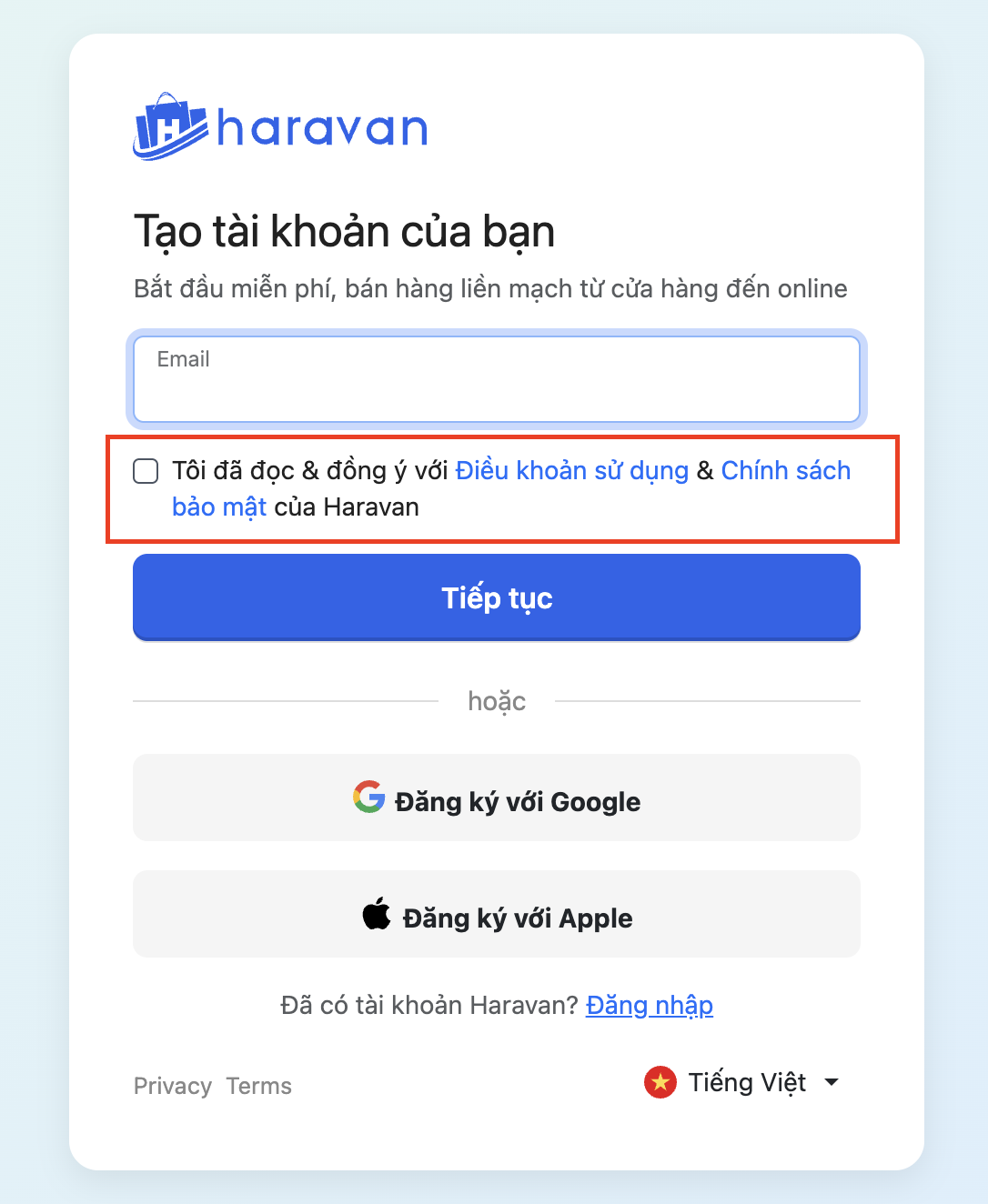 Xác nhận Điều khoản sử dụng và Chính sách bảo mật khi đăng ký cửa hàng
