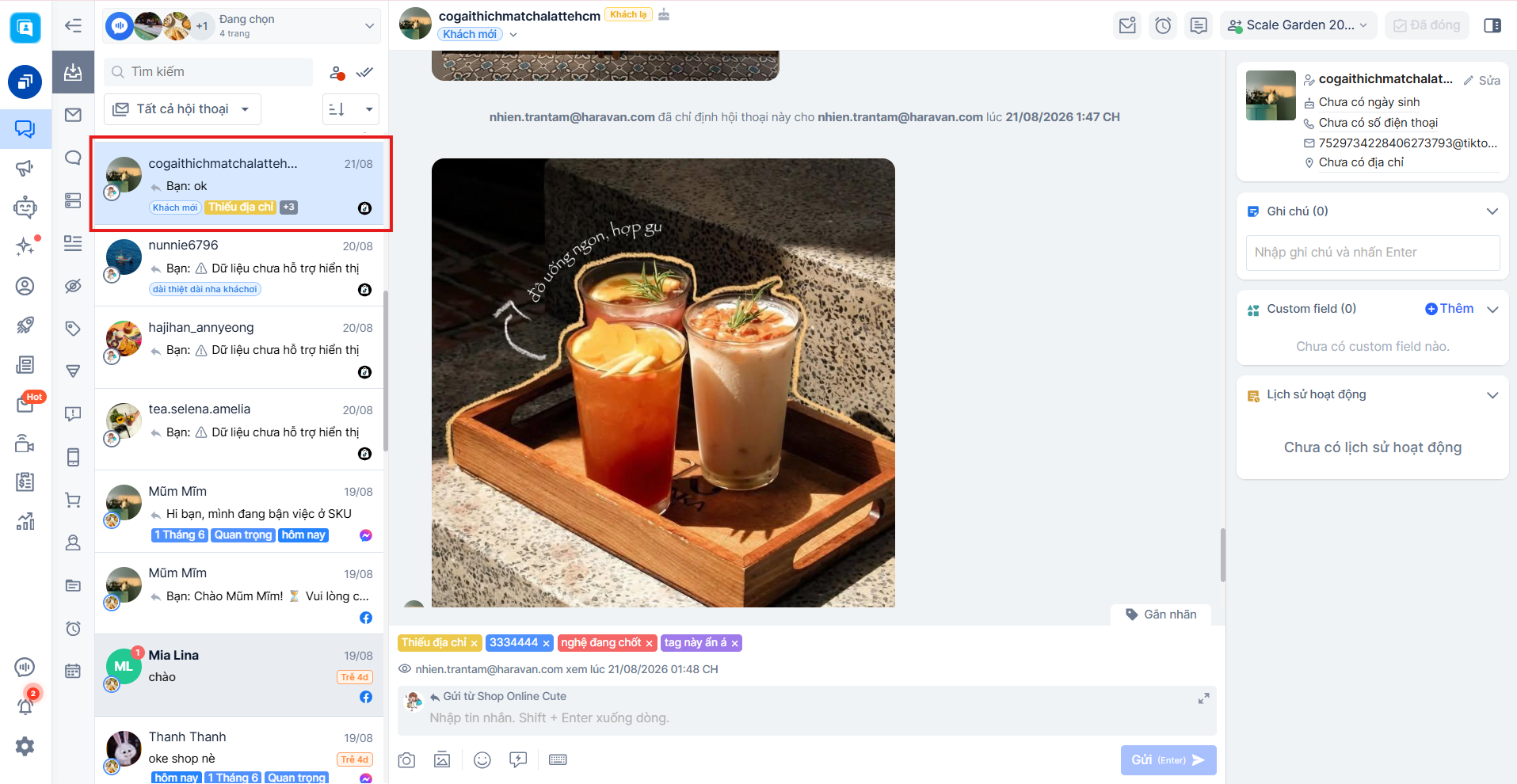 Theo dõi hội thoại TikTok Shop trong Haravan Social